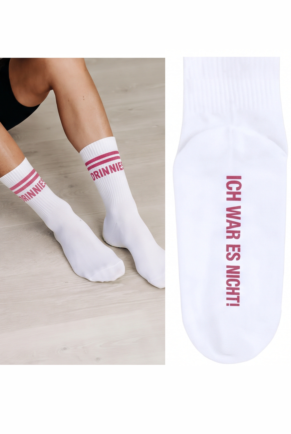 DRINNIES Socken „Ich war es nicht, ich war es nicht” Weiß mit Rosa  - Preorder