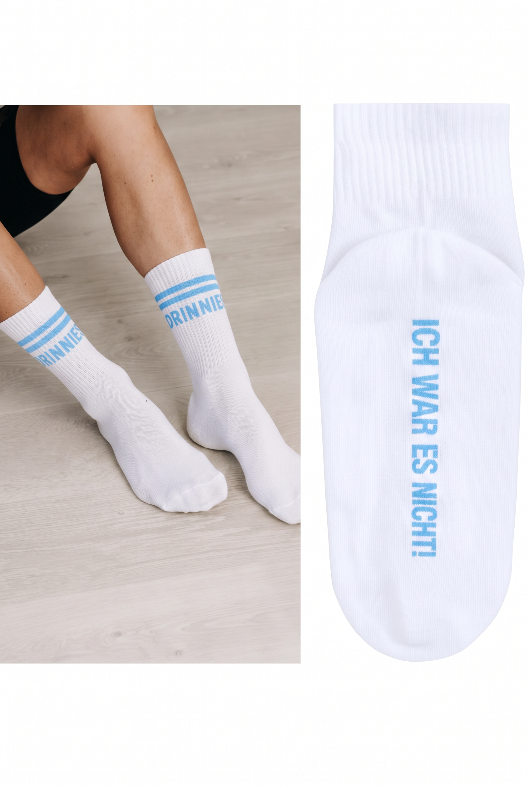 DRINNIES Socken „Ich war es nicht, ich war es nicht” Weiß mit Hellblau  - Preorder